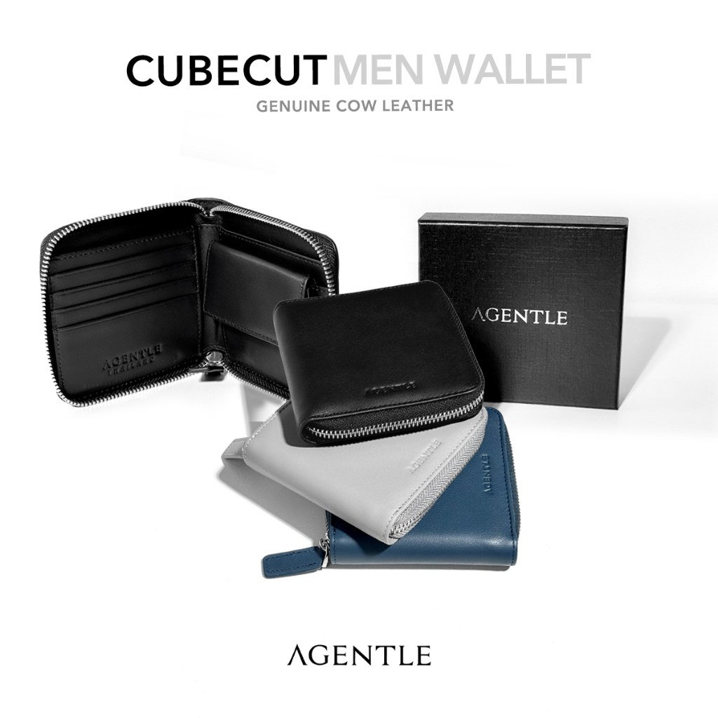 AGENTLE CUBECUT MEN WALLET กระเป๋าสตางค์ผู้ชายหนังวัวแท้ [ZIP AROUND] บัตรแบงค์เหรียญ พร้อมกล่อง