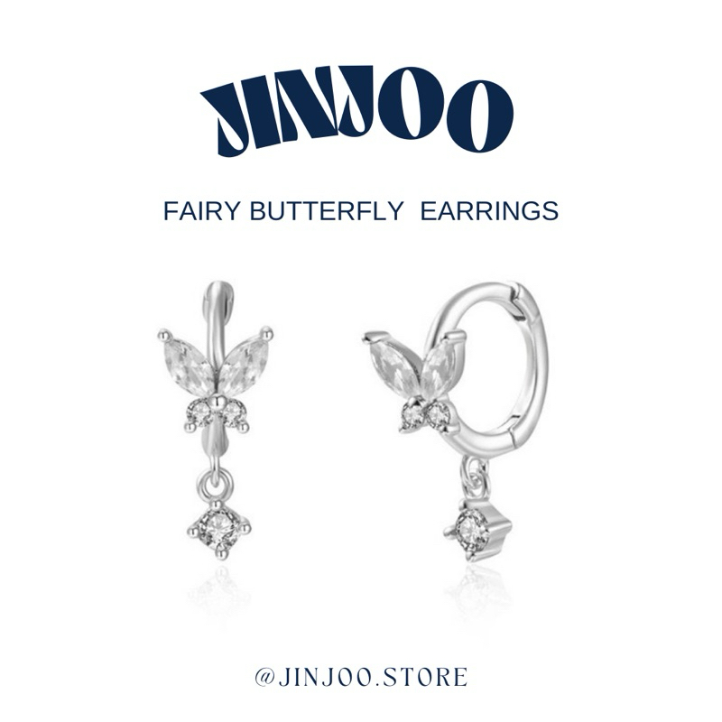 Jinjoo S925 ต่างหูห่วงผีเสื้อห้อยเพชรเล็ก รุ่น Fairy Butterfly สวยหรู สง่างาม รหัส H85