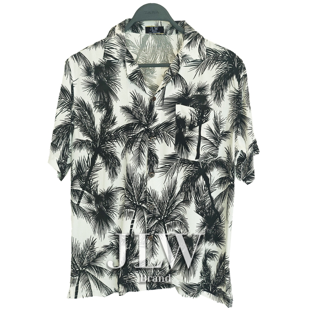 เสื้อฮาวาย ลายต้นมะพร้าว ขาว ผ้านิ่มใส่สบาย JLW BRAND ผ้าเรย่อน