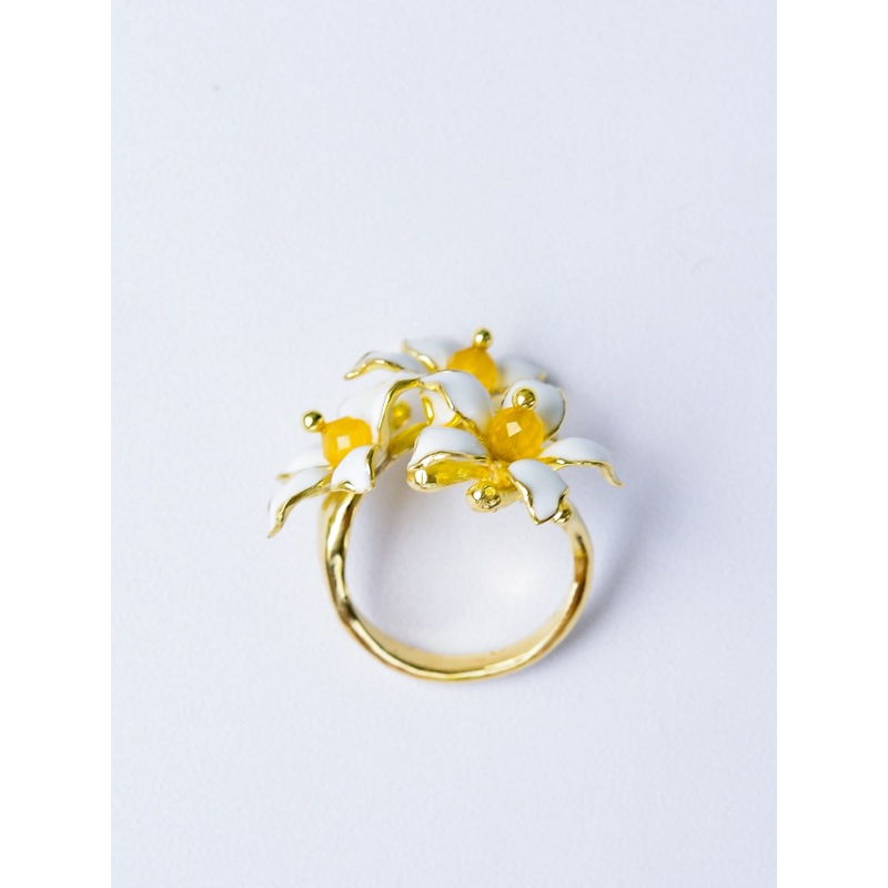 Hinkik Jewelry แหวนดอกแก้ว ดอกไม้ งานแฮนด์เมด อีนาเมลสีขาว ของขวัญ ของฝาก