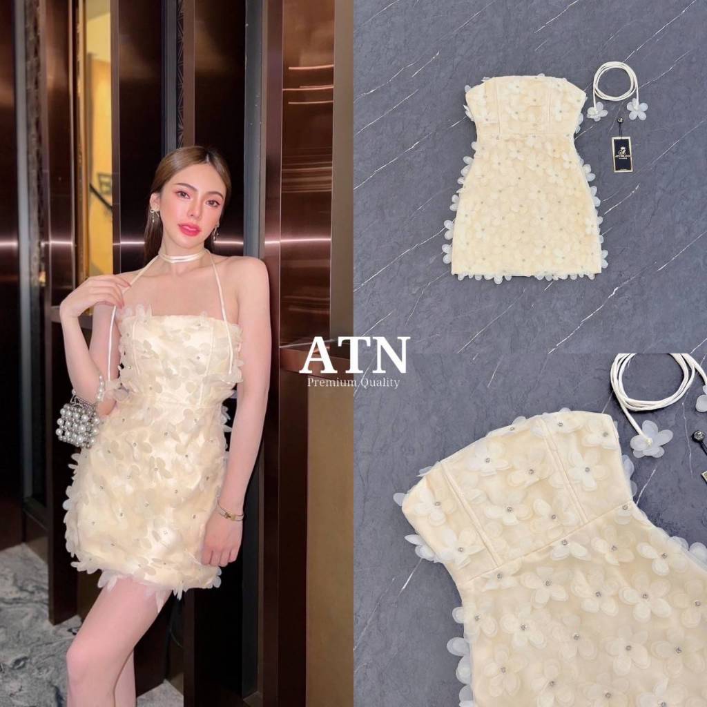 ATN set2ชิ้น มินิเดรสเกาะอก สีครีมทอง ปักดอกไม้ฉ่ำๆทั้งตัว ด้านหน้าชุดดอกไม้ติดเพชร