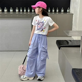 Beryl kids🌸ชุดเซ็ทเด็กผู้หญิง แฟชั่น🎀เสื้อแขนสั้นกางเกงคาร์โก้ ขากว้าง ทรงหลวม พิมพ์ลายน่ารัก รุ่นใหม่ ฤดูร้อน