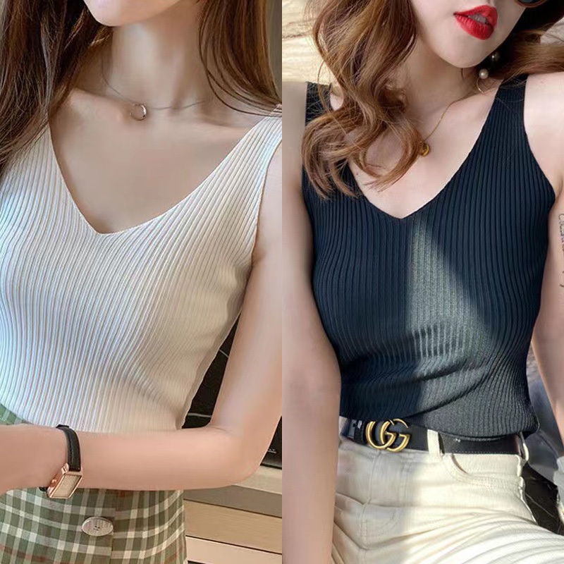 เสื้อแฟชั่นผญ เสื้อไหมพรม เสื้อแขนกุดคอวี สไตล์เกาหลี ผ้ายืด เกรดA ใส่สบาย เซ็กซี่