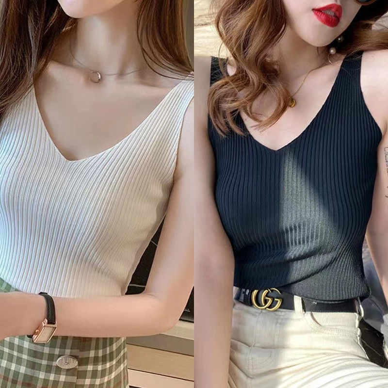 เสื้อแฟชั่นผญ เสื้อไหมพรม เสื้อแขนกุดคอวี สไตล์เกาหลี ผ้ายืด เกรดA ใส่สบาย เซ็กซี่