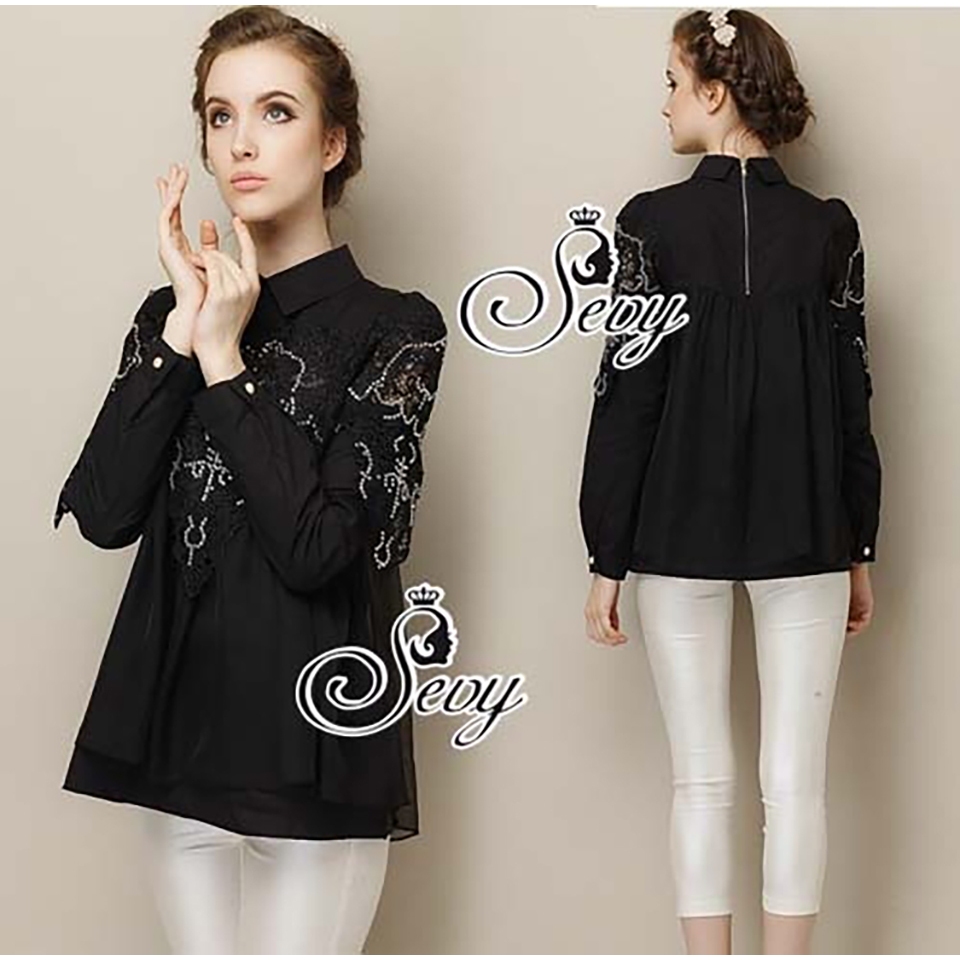 เสื้อเชิ๊ต Sevy Hi End Crystal Lace Long Sleeve Organza Cover Shirt เชิ้ตคอปก ตัดต่อด้วยผ้าลูกไม้ แต่งด้วยเม็ดคริสตัล