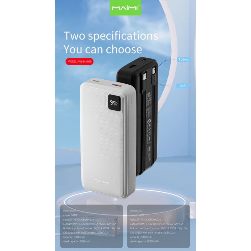 ￼Maimi Mi68/ Mi69power bank(ชาร์จออกTypeCได้)แบต10000mah/20000mah Fast charge +PDมีสายในตัวOutputได้2ช่องชาร์จไวพกพาง่าย