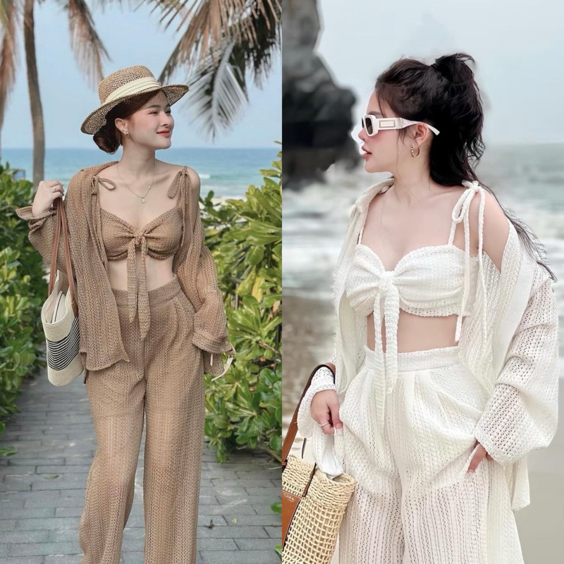 Teera❤️พร้อมส่ง✨3 ชิ้น💥สายเดี่ยว+เชิ๊ต+กางเกง🌟ผ้าตาข่ายถัก แฮนเมด เกรดพรีเมี่ยม❣️ใส่ไปทะเลสวยคุ้ม‼️g