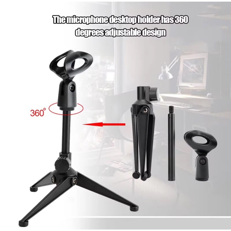 ขาตั้งไมโครโฟนสามขาแบบพับได้ MIC แท่นวางบนโต๊ะไมโครโฟนแบบหนีบ