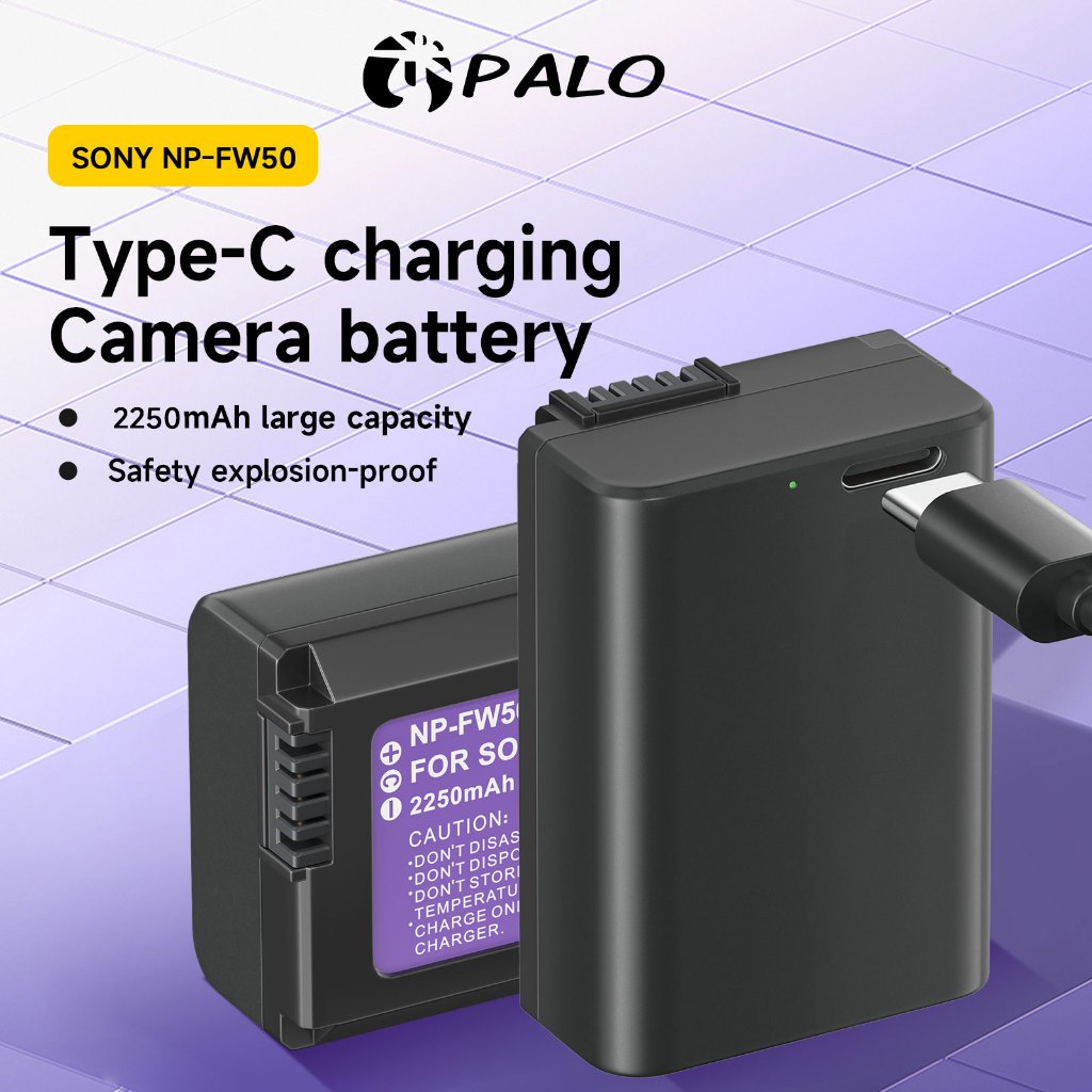 Palo แบตเตอรี่กล้อง NP-FW50 2250mAh USB Type-C แบตเตอรี่ชาร์จสำหรับ Sony A6400 A6100 A6000 A7ii A7R A7S ZV-E10 NEX 5/6/7
