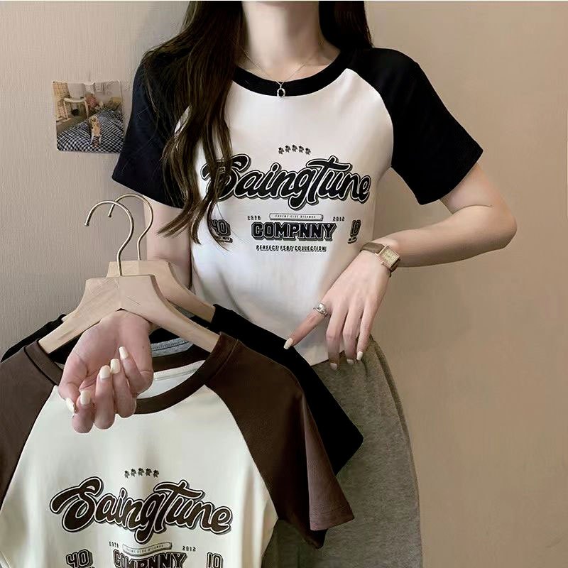 เสื้อครอปรัดรูปน่ารักสไตล์เกาหลี สีทูโทน เสื้อผ้าสาวอวบแฟชั่น เสื้อยืดสลิมฟิตสวยๆผู้หญิง สกรีนพิมพ์ลายวินเทจเท่ๆกําลังฮิ