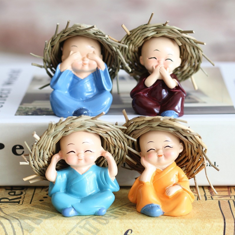(4 ชิ้น) พระหมวกฟาง 4 คน (ไม่ฟัง ไม่พูด ไม่ดู ไม่เข้าใจ) ของแต่งรถ ของแต่งบ้าน (สูง 7 ซม.)