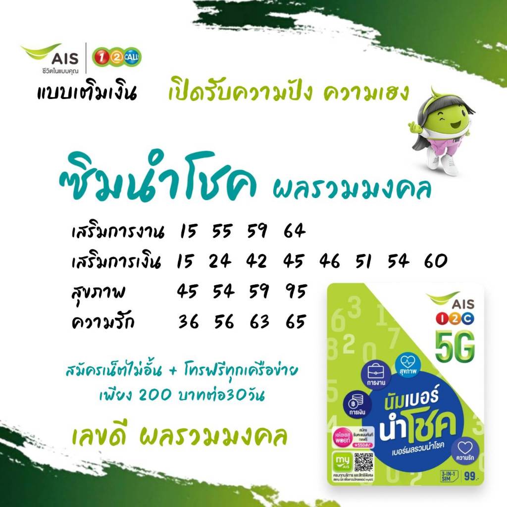 (Ais.1) ลดพิเศษ 30% ซิมนำโชค ผลรวมมงคล เสริมรอบด้าน เลขดีประจำวันเกิด