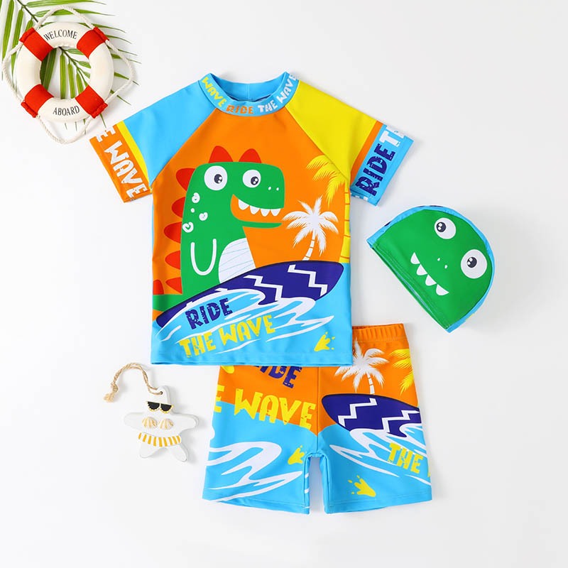FUFU SHOP ชุดว่ายน้ำเด็กชายแยกชิ้น แถมหมวกว่ายน้ำ ลายไดโนเสา ลายปลาฉลาม