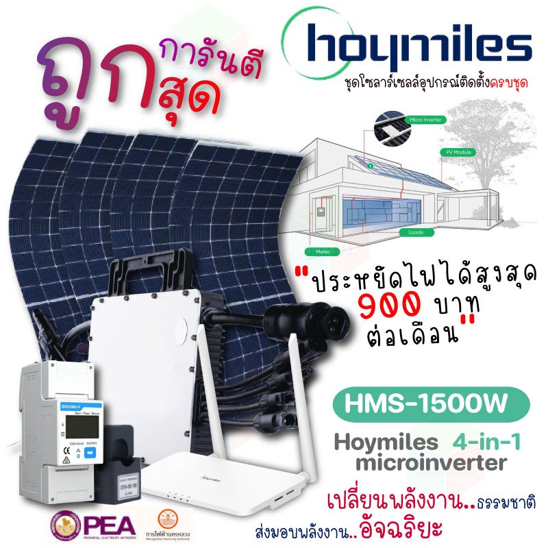 Hoymiles ชุดไมโครอินเวอร์เตอร์ 1500W +(DTU+Smart meter) พร้อมแผง 410W Easy Slim 4 แผง
