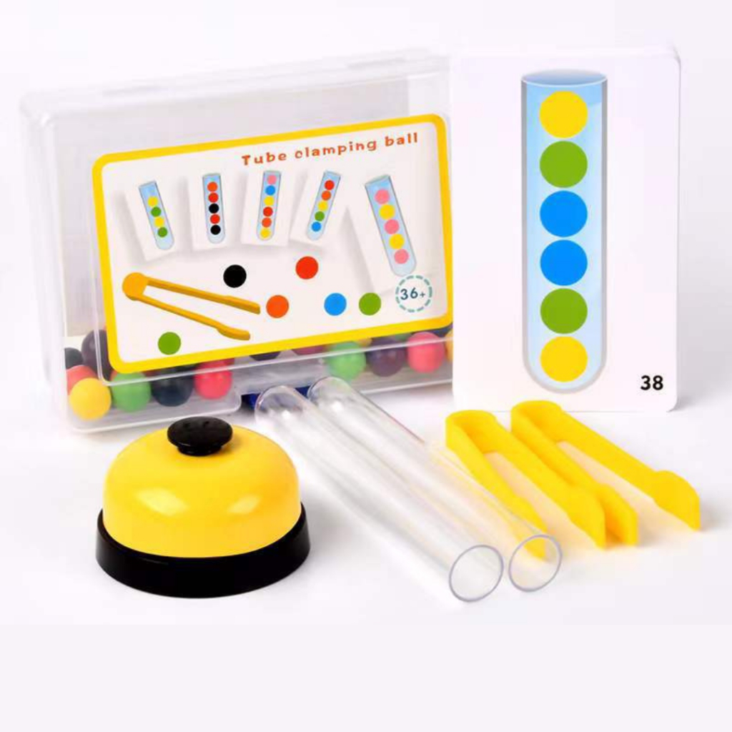 ของเล่นเรียงสี ลูกปัดลงหลอด Clip Beads Game ฝึกคีบลูกปัด แยกสีและจับคู่ เล่นแข่งกัน มีกระดิ่งกด เรียงสีตามการ์ด
