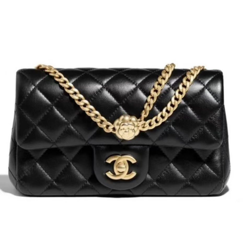 👜CHANEL 2024 new women's bag Black camellia adjustable buckle large chain crossbody bag