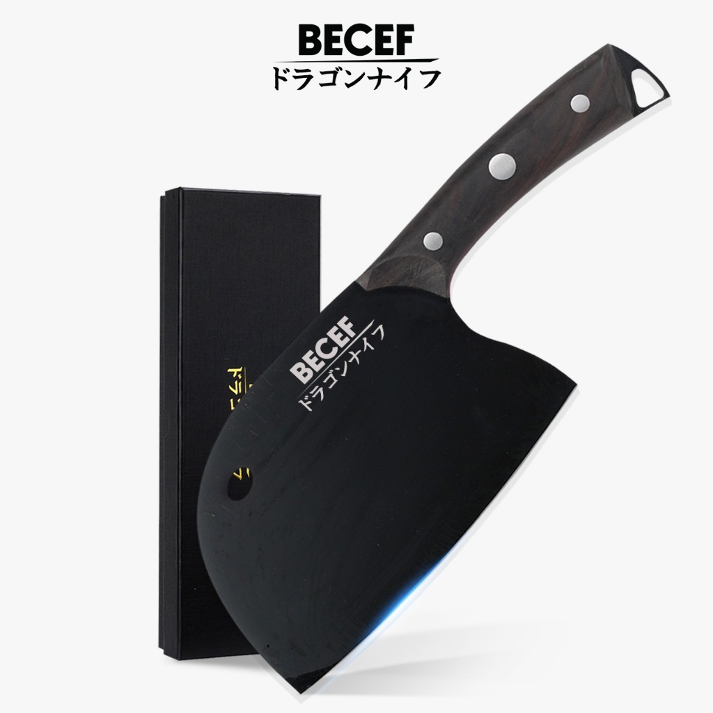 BECEF มีดปังตอหัวมังกร รุ่นลายดำ Premium ใช้หั่น สับ ซอย สันหนา3มิล เคลือบกันสนิม