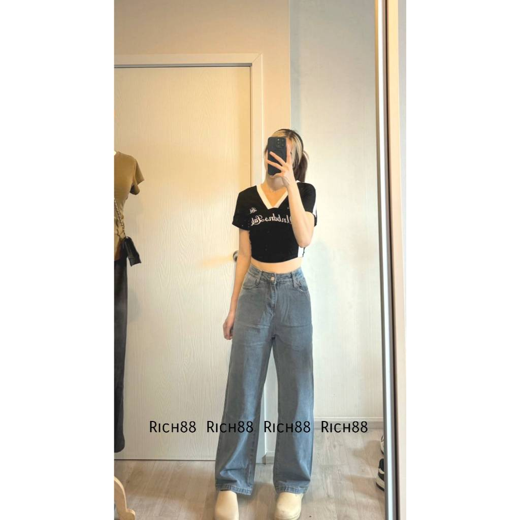 Basic Jeans กางเกงยีนส์ทรงกระบอกกลางเอวสูง ผ้ายีนส์ไม่ยืด สวมใส่สบาย