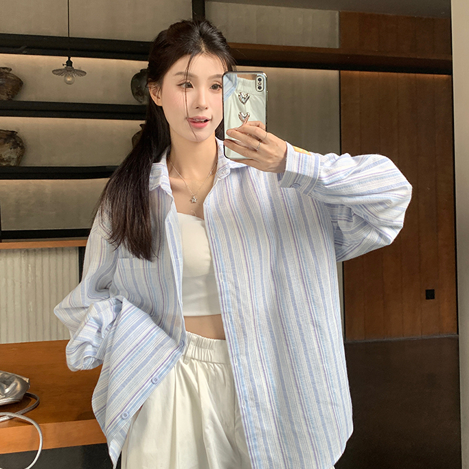 aililai1688 เสื้อเชิ้ตแขนยาว เชิ้ตลายริ้ว ลายทาง สีชมพู/สีฟ้า น่ารักมาก สไตล์เกาหลี สีพาสเทล สั่งเลย