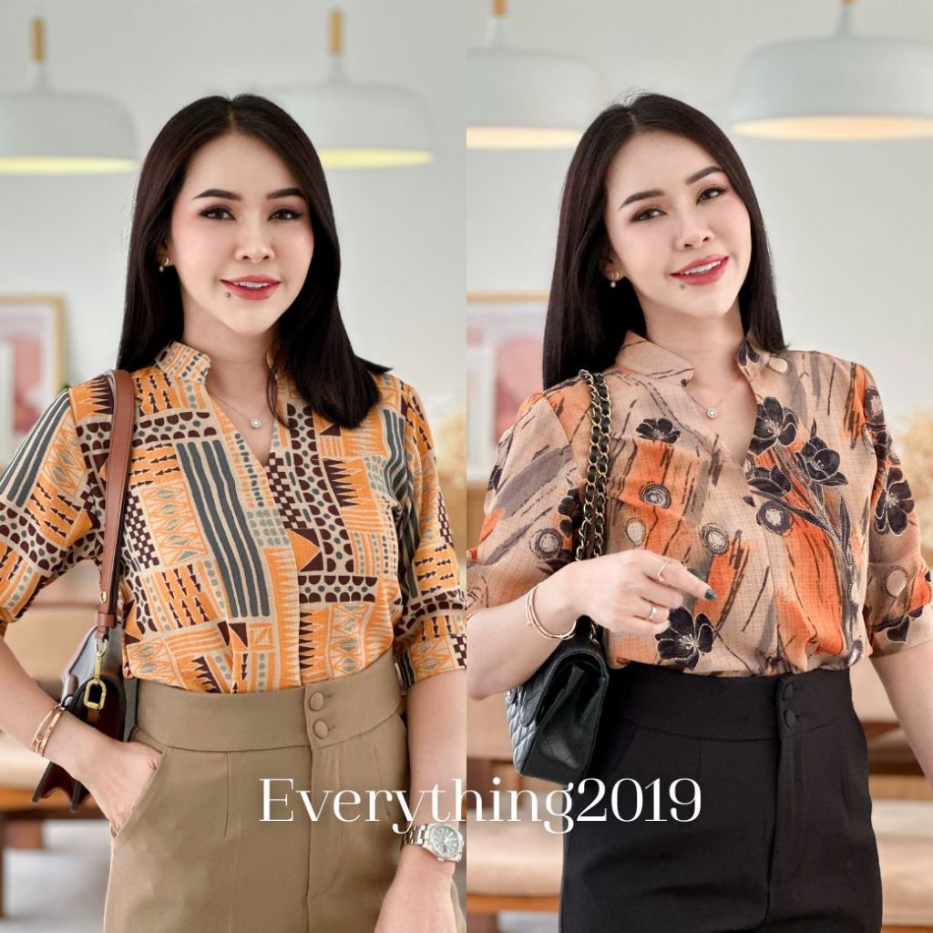 Everything2019 เสื้อผู้หญิงคอจีนกระดุมหลังแขนศอก ดีไซน์หน้าสั้นหลังยาว ผ้าพรีเมี่ยม ลายสวย พร้อมส่ง (6145-1)