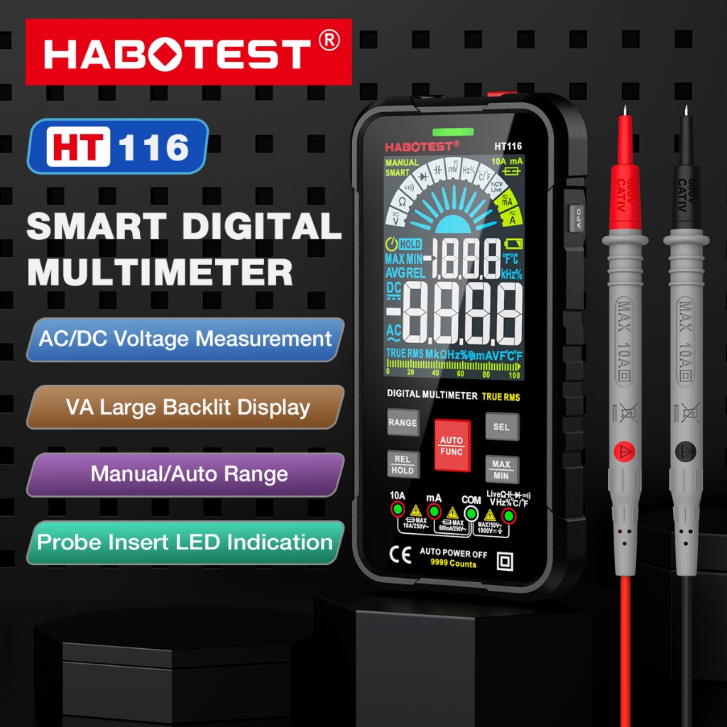 HABOTEST HT116 ดิจิตอลมัลติมิเตอร์แบบสมาร์ท 9999 Count Auto Range 1000V 10A 9999 Count True RMS Digital Smart Multimeter