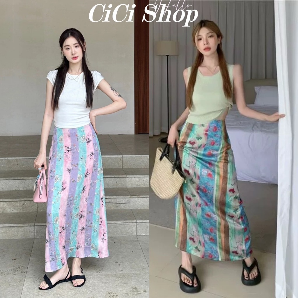 Cicishop(3131)กระโปรงยาวผ้าชีฟอง ดีเทลผ่าข้าง มีซิปหลัง พร้อมซับด้านใน สีสันงดงามสะดุดตา