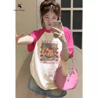 เสื้อยืดลายเท่ๆผู้หญิง สตรีทสีทูโทนม้าก oversize เสื้อผ้าสาวอวบวัยรุ่นแฟชั่น ทรงหลวม สไตล์เกาหลี เสื้อโอเวอร์ไซส์ววินเทจ