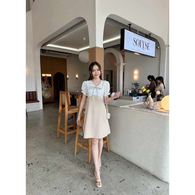 Lala dress เดรสออกงานแขนตุ๊กตาทูโทนลูกไม้ ป้าย mabel รูปที่ 7