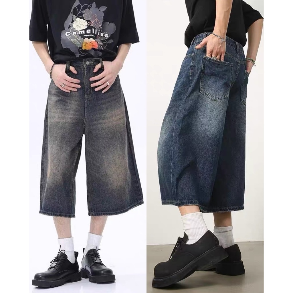 DENIM กางเกงยีนส์ขา 5 ส่วนทรงกระบอกชาย พร้อมส่ง M-3XL
