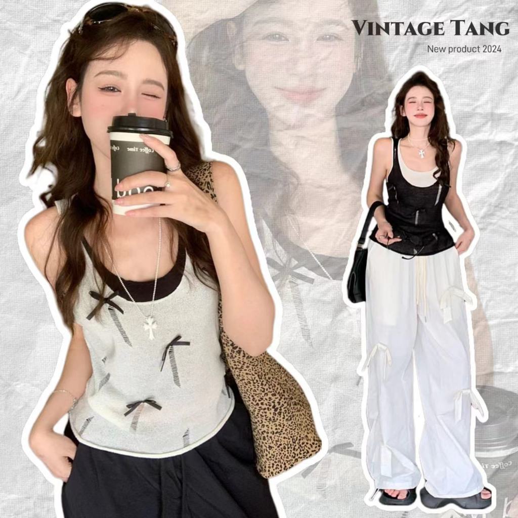 พร้อมส่ง เสื้อสายเดี่ยว 2ชิ้นดีไซน์เก๋ ผ้าถัถดี ทรงหลวม มีโบว์เล็กๆติดเสื้อ มี2สีให้เลือก สีสวย เข้ากับทุกการแต่งกาย