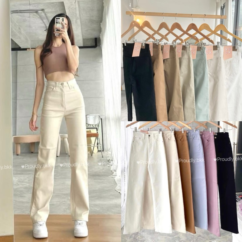 กางเกงยีนส์ขายาว สีพาสเทล ทรงกระบอกตรง เก็บทรงสุดเอวสูง xoxo&chh5kg