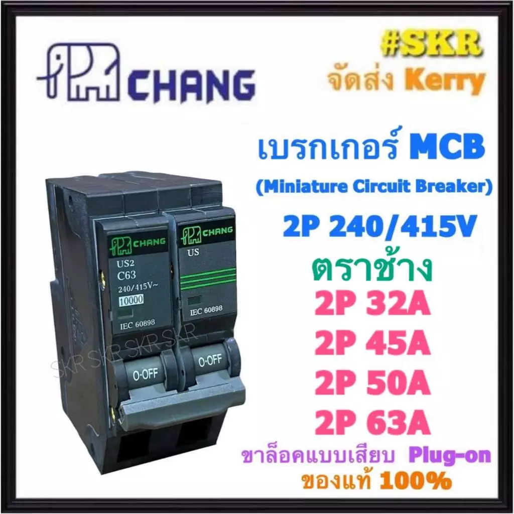 CHANG เบรกเกอร์ 2P 32A 45A 50A 63A เซอร์กิตเบรกเกอร์ ช้างเมนช้าง เมนเซอร์กิต 10kA 240-415V ใช้งานกับ ตู้คอนซูมเมอร์ยูนิต