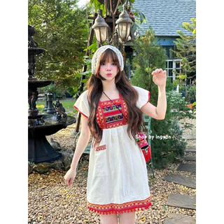 ชุดเดรสพื้นเมือง รุ่นเดรสยาวกลาง ชุดดอยน่ารักๆ ชุดชาวเขาใส่เที่ยวเหนือ 🍒สินค้าพร้อมส่ง🍒