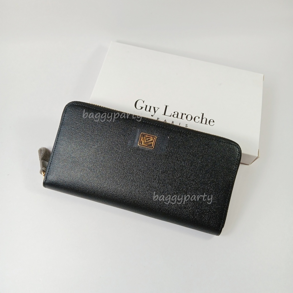 Guy Laroche แท้!! กระเป๋าสตางค์ผู้หญิงซิปรอบ ใบยาว สีดำ หนังลาย โลโก้ทอง หนังแท้100%