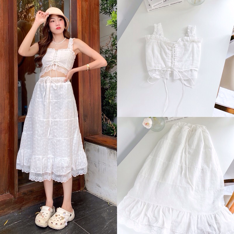 Linda Set ชุดเซตไปทะเล เสื้อครอปสายเดี่ยว แต่งเชือกไขว้ด้านหน้า+กระโปรงยาวแต่งชายระบาย เนื้อผ้าฉลุลาย ซื้อแยกได้ค่ะ