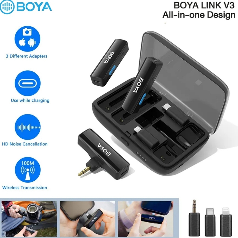 BOYA LINK V3 Wireless Lavalier Microphone เป็นระบบไมโครโฟนไร้สายพร้อมช่องสัญญาณ 2.4G (iPhone/Android/Camera Vlogging)