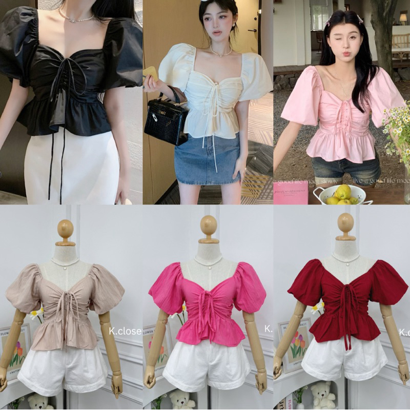 เสื้อแขนพองลายดอกรูดหน้า