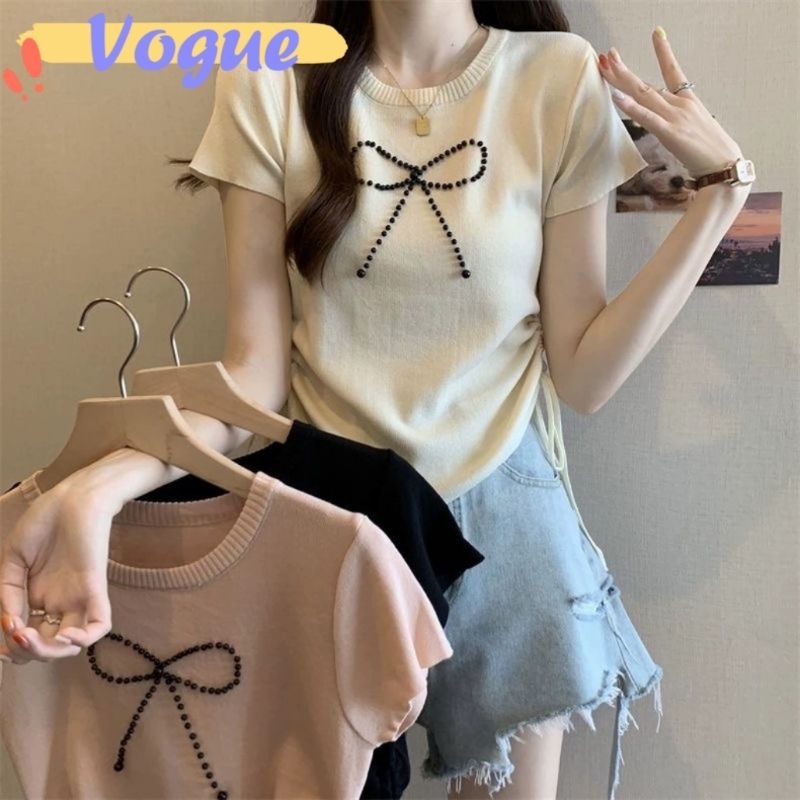 Vogue พร้อมส่ง เสื้อยืดไหมพรม แขนสั้น คอกลม ดีเทลติดลูกปัดลายโบว์ (57026)