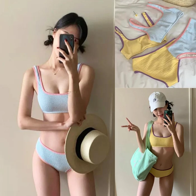 Victoria's Sunshineบิกินี่2ชิ้น ชุดว่ายน้ำ bikini สีฟ้า สีเหลือง ผ้ายับ พร้อมส่ง#0325
