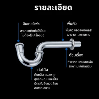 ท่อน้ำทิ้งรุ่นกันกลิ่น ท่อน้ำทิ้งแบบโค้ง พีเทร็ป สแตนเลสเงา ก้านยาว8 10 12นิ้ว ข้อต่อทองเหลืองแท้