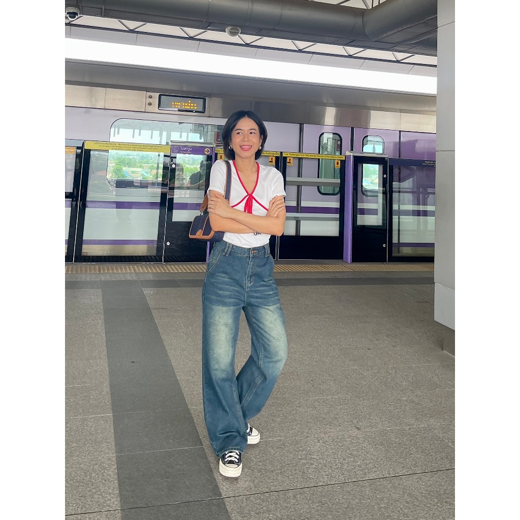 Jigsawjeans กางเกงยีนส์ รุ่น Cross ทรงมัม สีฟอกเข้มอมสนิม ผ้าหนานุ่ม