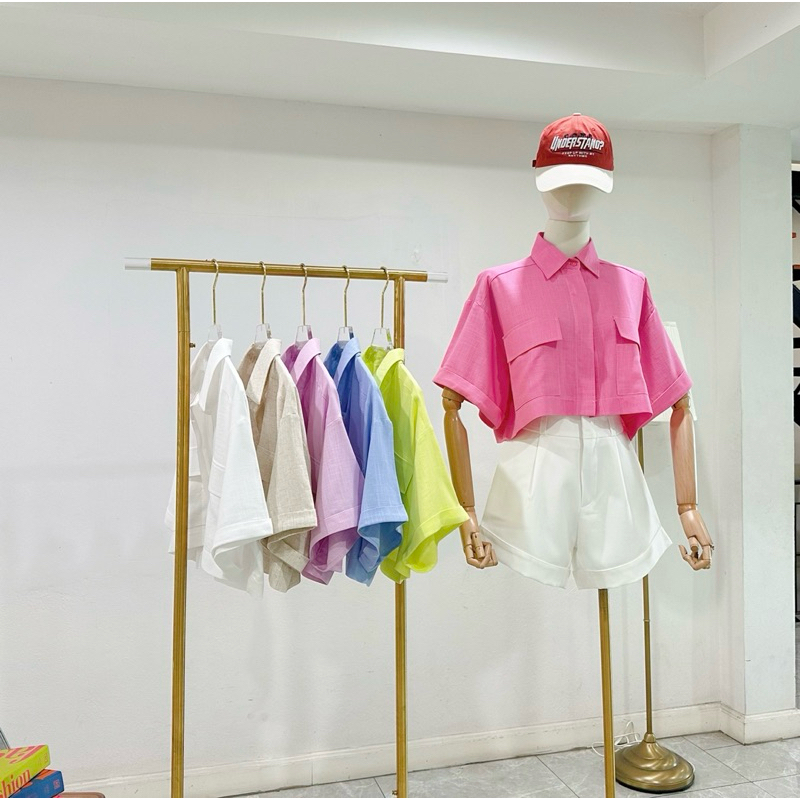 ”pocket crop“ สินค้าพร้อมส่ง เสื้อครอปลินิลทรงไหล่ตก
