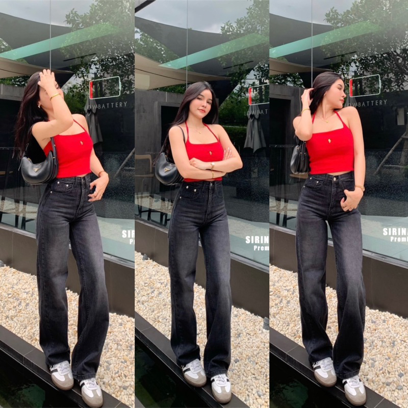 กางเกงยีนส์กระบอกใหญ่ สีดำฟอก เอวสูง ผ้าไม่ยืด ป้าย Sirinan
