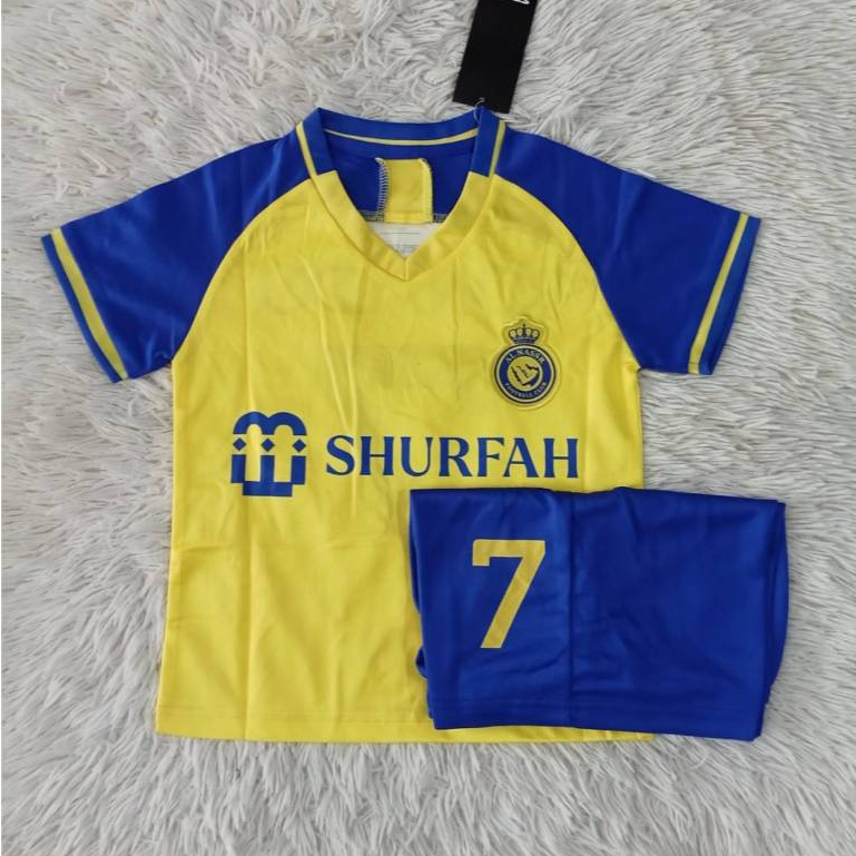 ชุดกีฬาฟุตบอลเด็ก ทีมอัลนาสเซอร์ Al Nasser สกรีนเบอร์7ชื่อโรนัลโด้ เสื้อ+กางเกง ป้ายงานปักผ้าสวย ปี2023