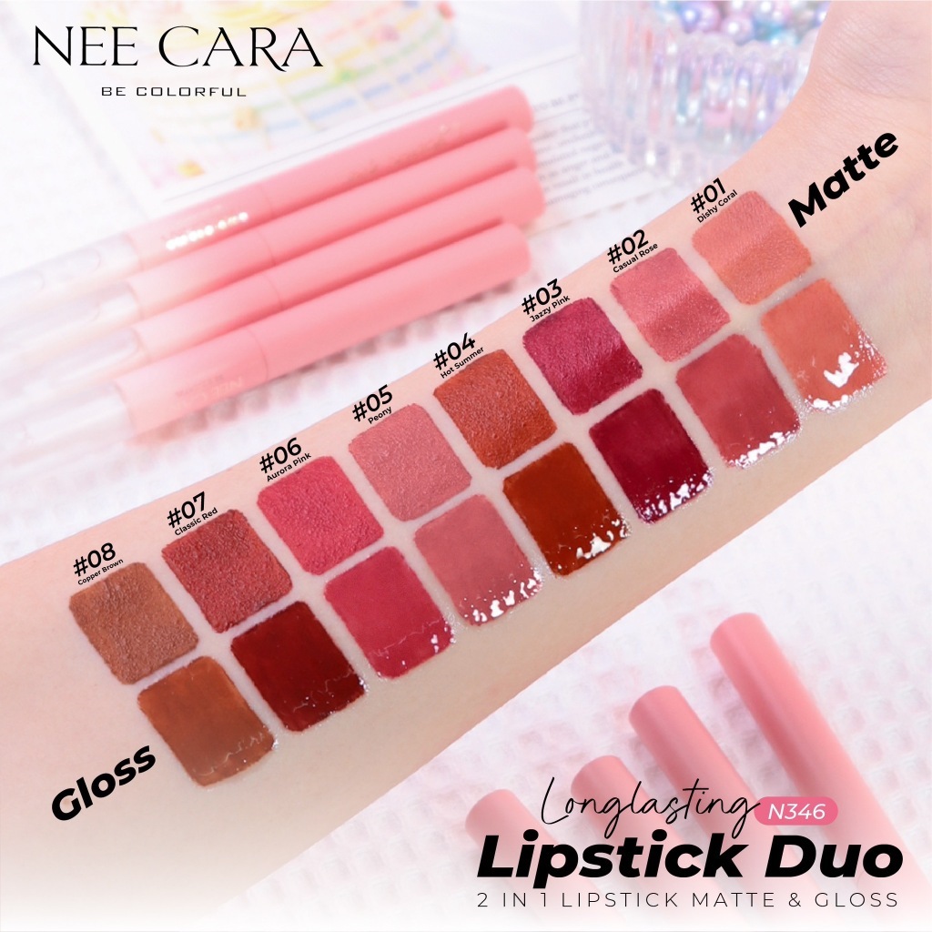 Sunsmilebeauty Nee Cara ลิปกลอส Longlasting Lipstick Duo 2 in 1 Lipstick matte & Gloss (N346) - รูปที่ 3