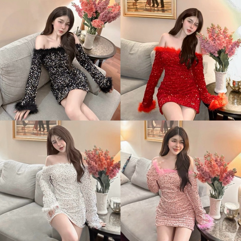 Teera พร้อมส่ง เดรสทรงเปิดไหล่ ซิปหลัง แต่งขนนกฟูๆ งานระยิบระยับเล่นแสงไฟ goodluck