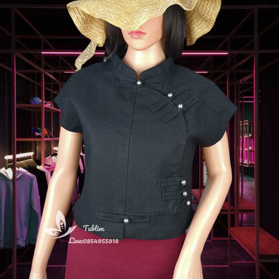 เสื้อผ้าใยกัญชงอัดซับกาว คอจีน แขนเลยไหล่