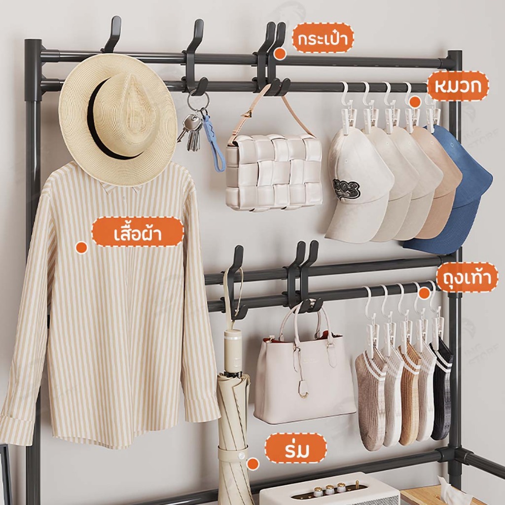 [ผ้าคลุมกันฝุ่น] ราวแขวนเสื้อผ้า พร้อมตะขอแขวนเสื้อ+หมวก มีที่วางรองเท้าชั้นวางเป็นผ้า non woven กันน้ำ 4/5 ชั้น XB ราคา ถูกที่สุด ดีลบีเคเค แกลเลอรีภาพที่ 4