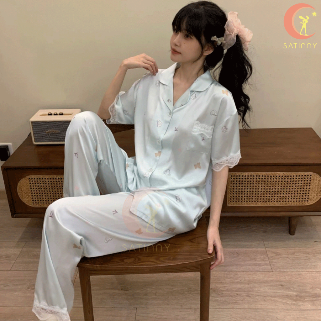 ชุดนอนSatinny แขนสั้น+ขายาวAA5แฟชั่นสําหรับผู้หญิง เรียบหรู เนื้อผ้าดี น่ารักมินิมอล งานสวย เจ้าหญิงใส่ระบายอากาศแฟชั่น - รูปที่ 5