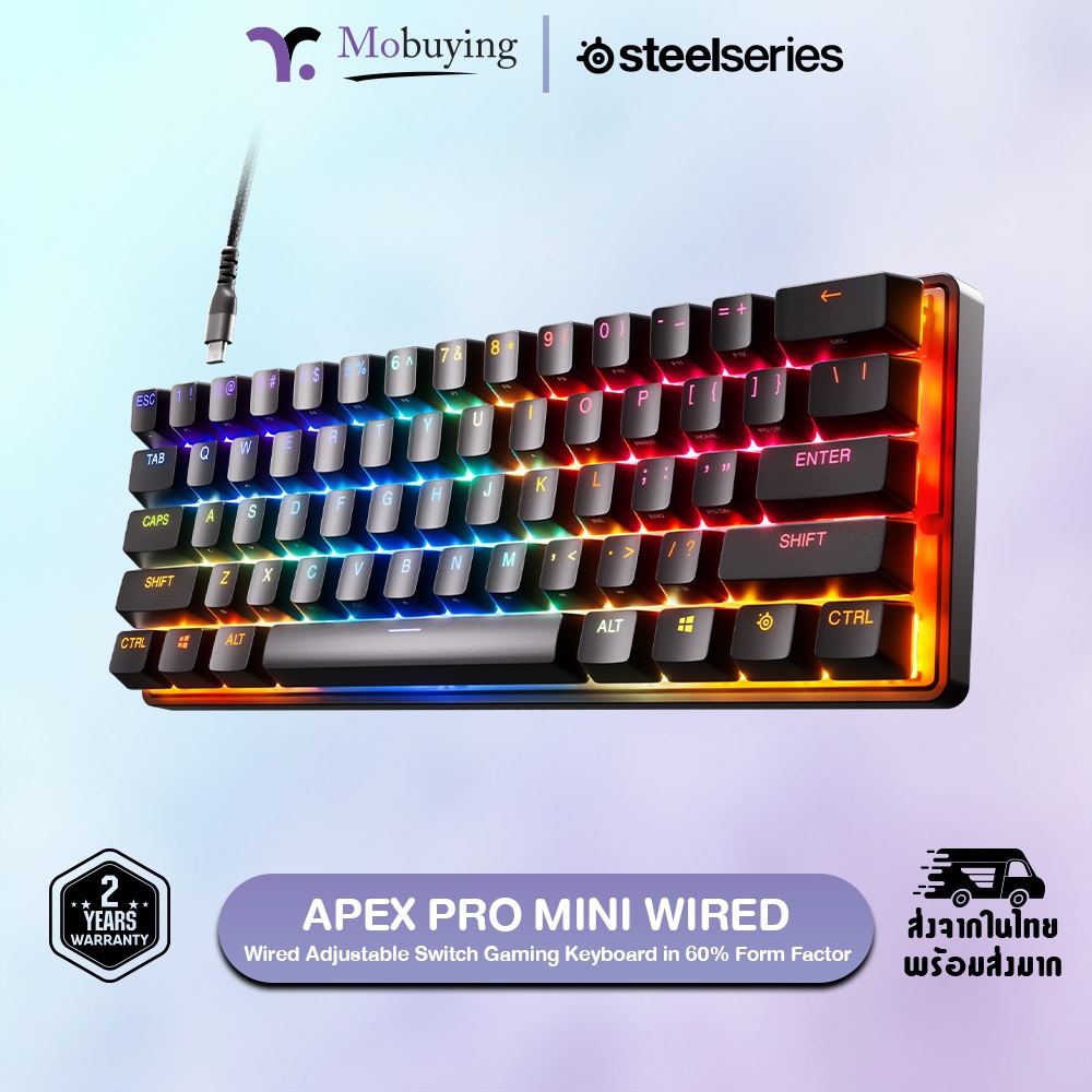 คีย์บอร์ดเกมมิ่ง SteelSeries Apex Pro Mini ขนาด 60% สีดำ รองรับการเชื่อมต่อไร้สายและมีไฟ RGB